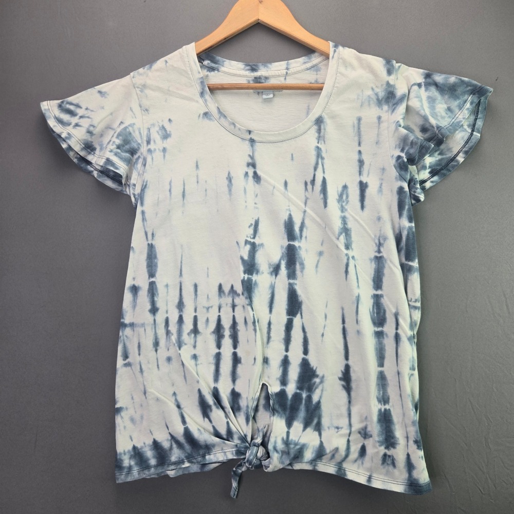 Studio 12 Tie Dye Top Large Blue White Flutter Sleeve Front Tie Knot Short Slv